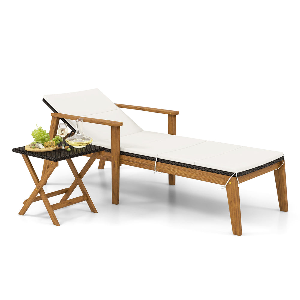 Outdoor chaise lounge chair with armrests, solid acacia wood frame, and adjustable backrest for poolside relaxation.