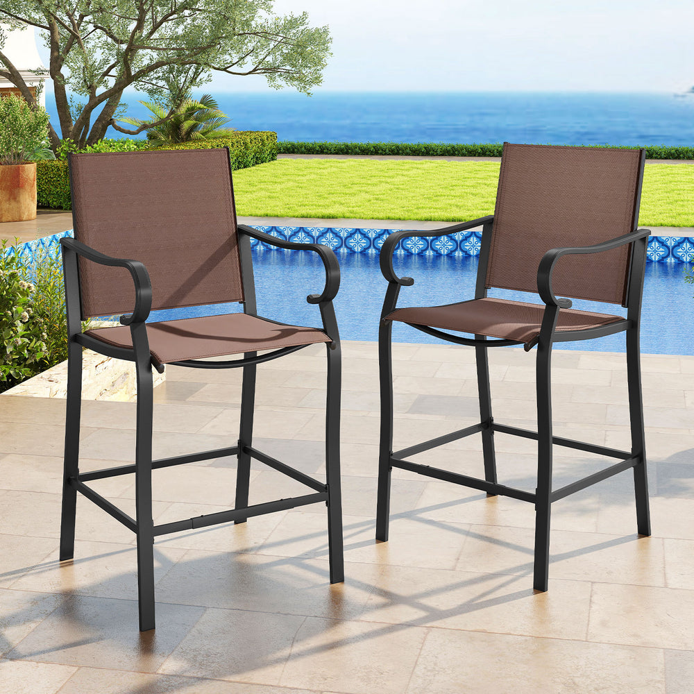 Single outdoor counter height bar stool showcasing a sturdy metal frame and comfortable curved armrests for patio use.