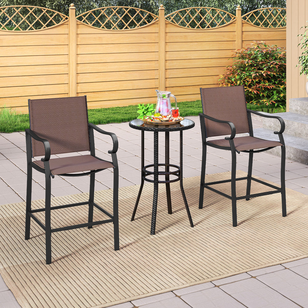 Close-up of the breathable mesh fabric on an outdoor counter height bar stool, offering quick-drying and fade-resistant.