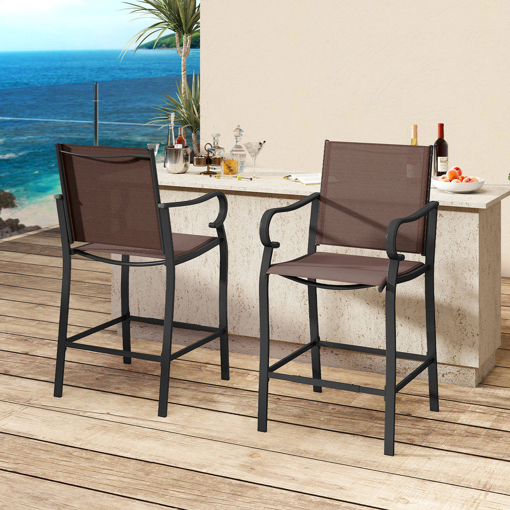 Outdoor counter height bar stools set of 2 with breathable mesh fabric, perfect for porches and gardens.