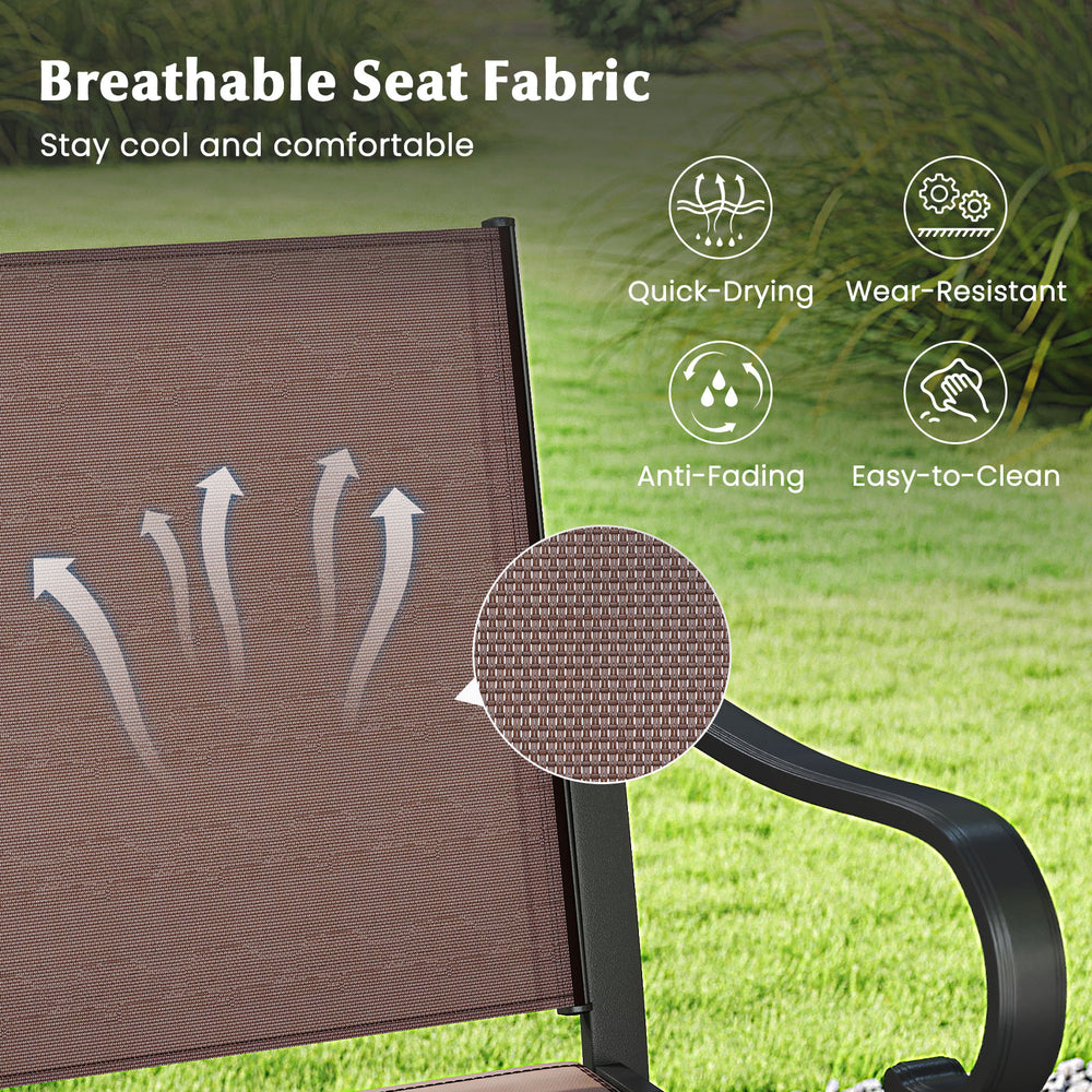 Breathable mesh fabric detail of outdoor counter height bar stools set, featuring quick-drying and fade-resistant.