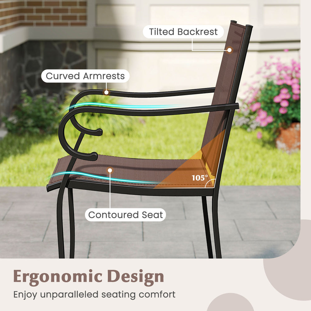 Side view of outdoor counter height bar stool set with breathable mesh fabric, ergonomic design, and curved armrests.