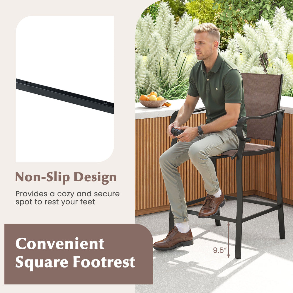 Outdoor counter height bar stool set of 2 with breathable mesh fabric and anti-slip footrest for backyard relaxation.