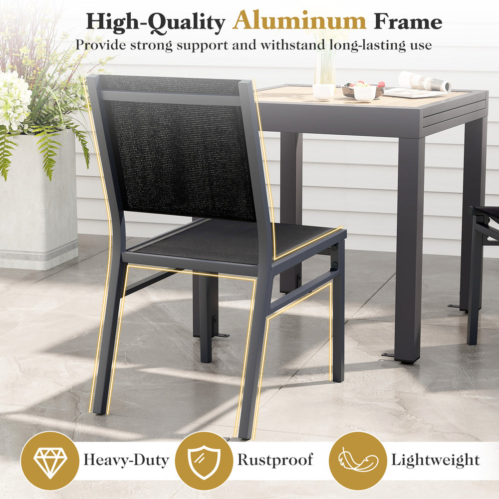 Aluminum outdoor dining chair with breathable fabric, ergonomic backrest, and lightweight design for patio or poolside.