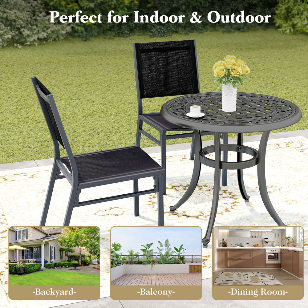 Outdoor dining chair with breathable fabric and ergonomic backrest, perfect for backyard or poolside use.