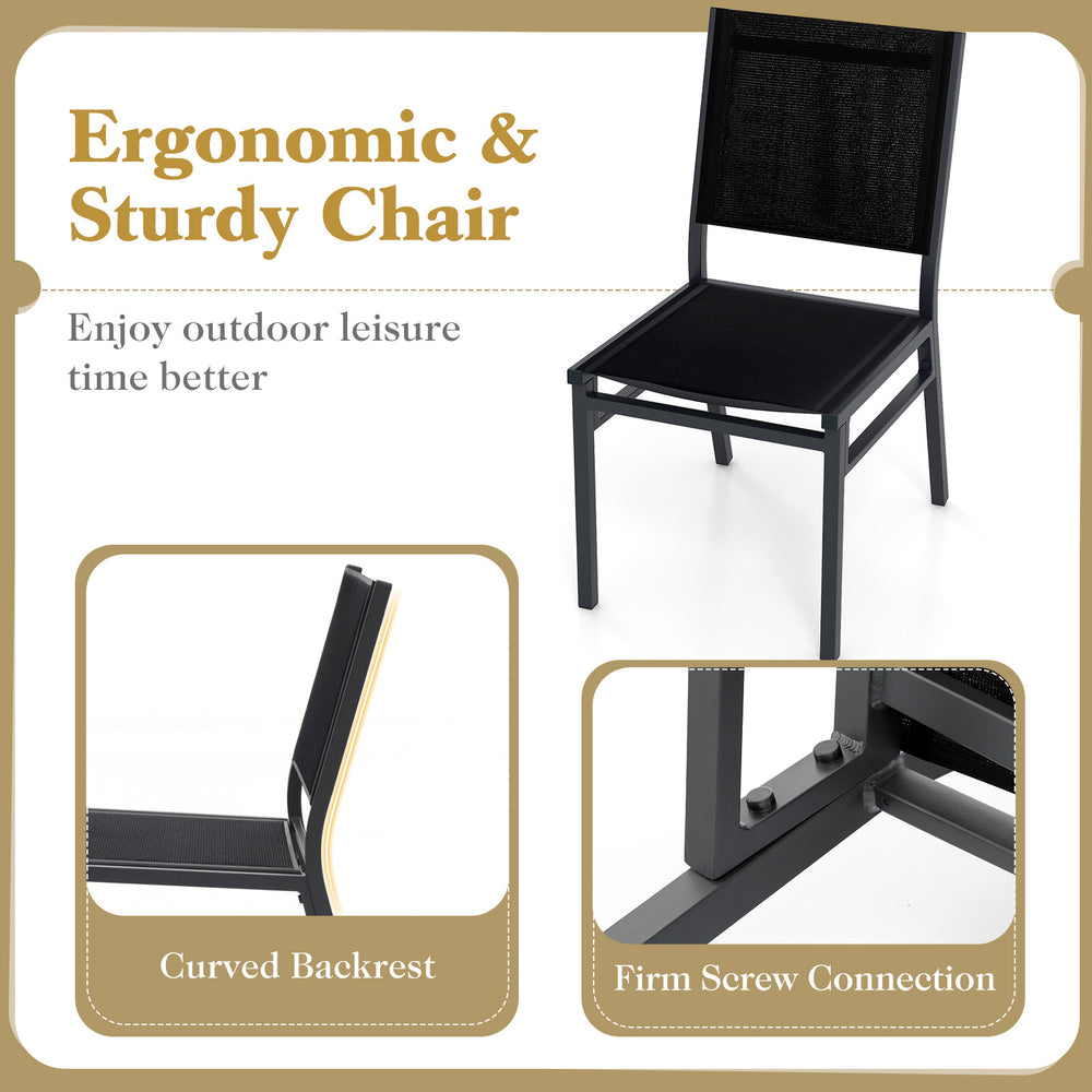 Ergonomic outdoor dining chair with breathable fabric and aluminum frame, perfect for backyard or poolside use.