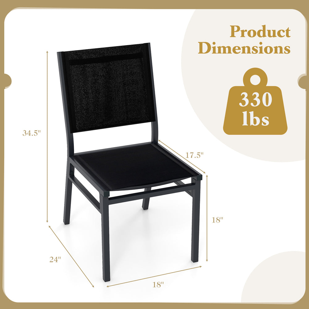 Black outdoor dining chair with breathable fabric, aluminum frame, and ergonomic backrest, suitable for backyard or.