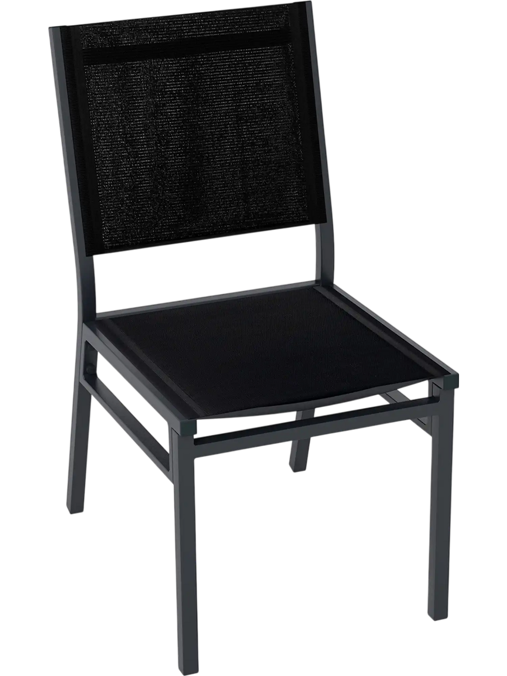 Black outdoor dining chair with breathable seat and backrest, aluminum frame for durability, ideal for backyard or.