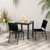 Black outdoor dining chair with breathable seat and backrest, perfect for backyard or poolside use.