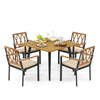 Cushioned outdoor dining chair with a sturdy metal frame and acacia wood accents, ideal for garden or patio seating.