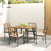 Outdoor dining table with acacia wood and metal frame, featuring four cushioned chairs, ideal for patio or garden use.