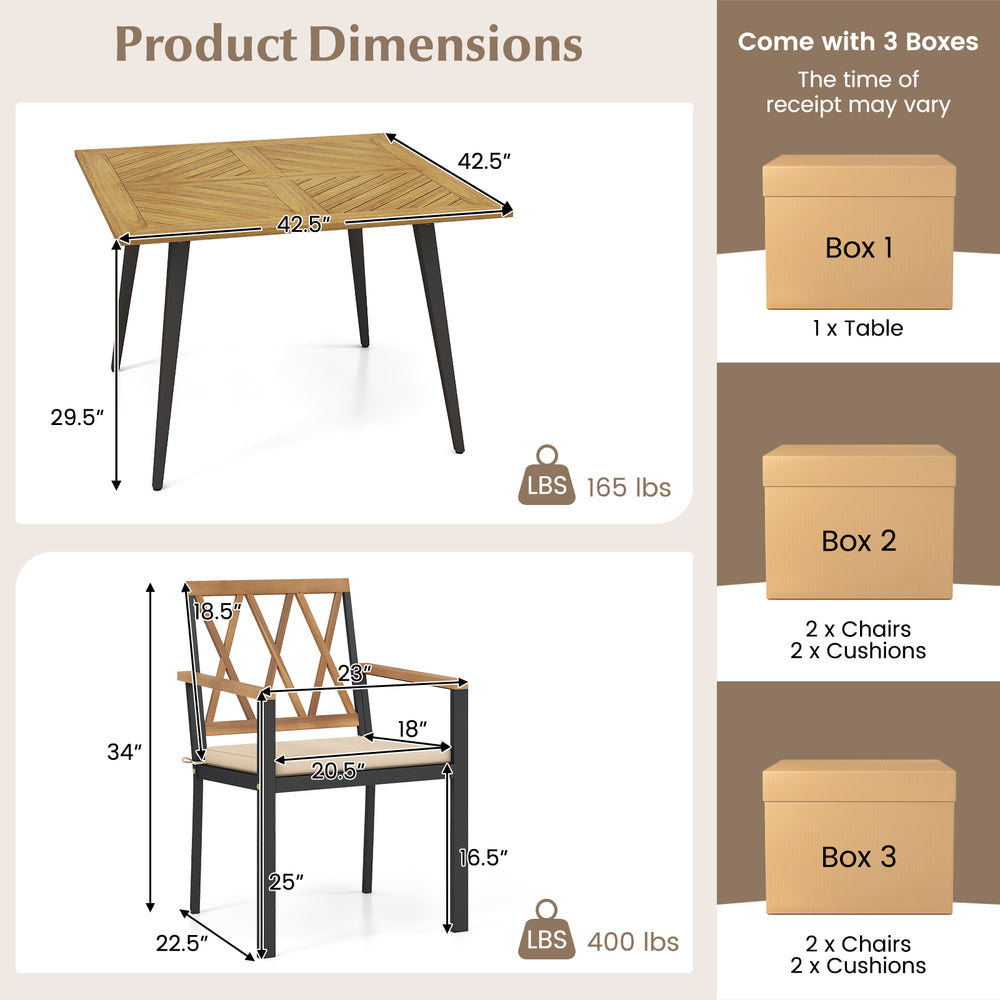 Outdoor dining table with acacia wood top and two chairs, featuring cushions and a 1.9-inch umbrella hole for patio use.