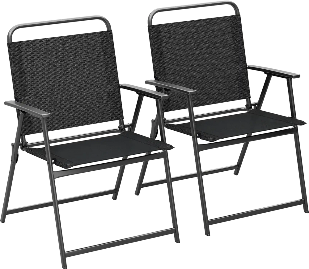 Set of 2 outdoor folding chairs with breathable seat fabric and rustproof metal frame, ideal for camping and backyard.