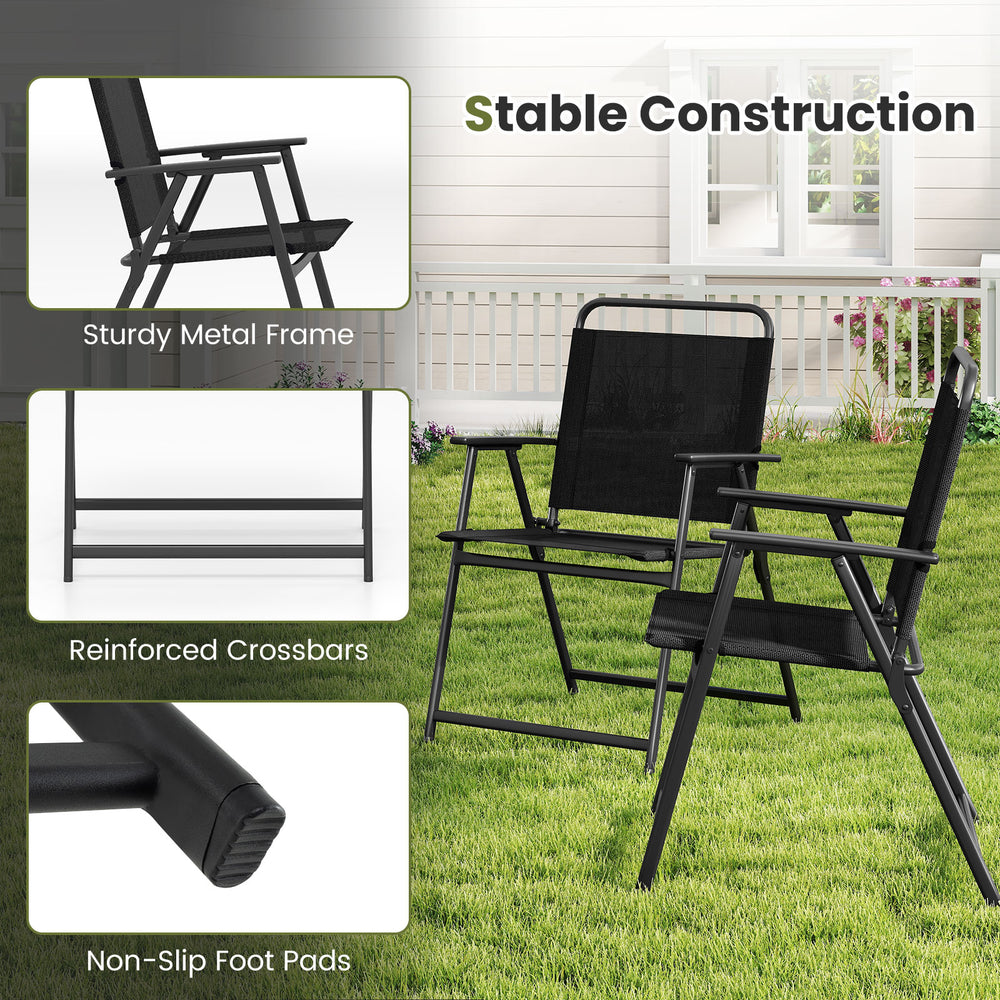 Set of 2 outdoor folding chairs with breathable seat, sturdy metal frame, and non-slip foot pads for safety.