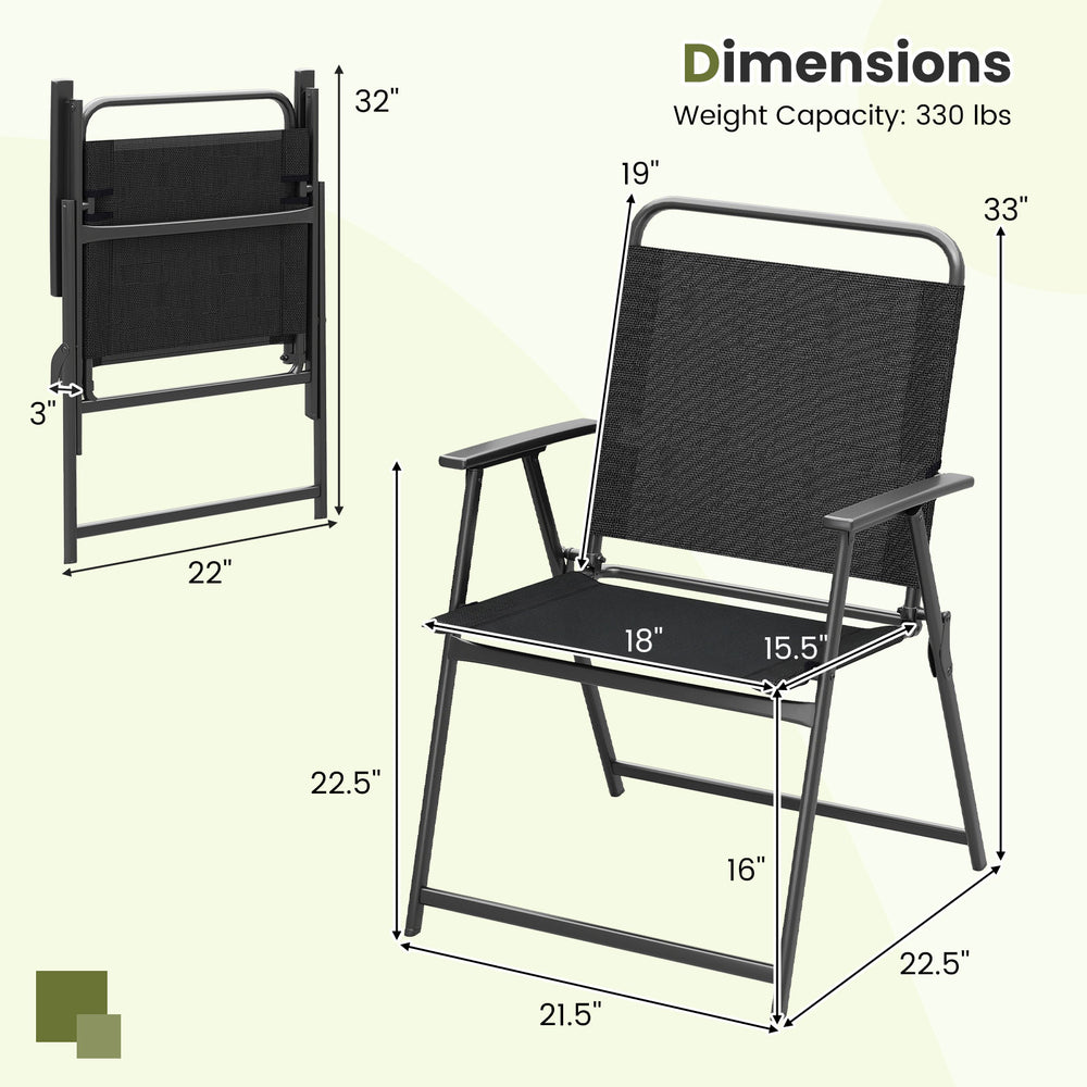 Folding outdoor chair with breathable seat, rustproof metal frame, and ergonomic design for backyard or camping use.
