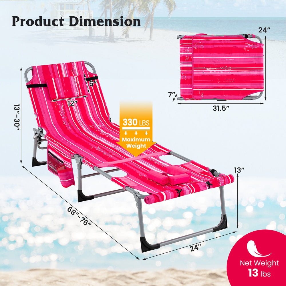 5-position outdoor folding chaise lounge chair in rose red, featuring adjustable footrest and removable pillow for.