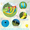 Outdoor inflatable bounce house with water slide, bright colors, and mesh walls for children's safety in a garden.