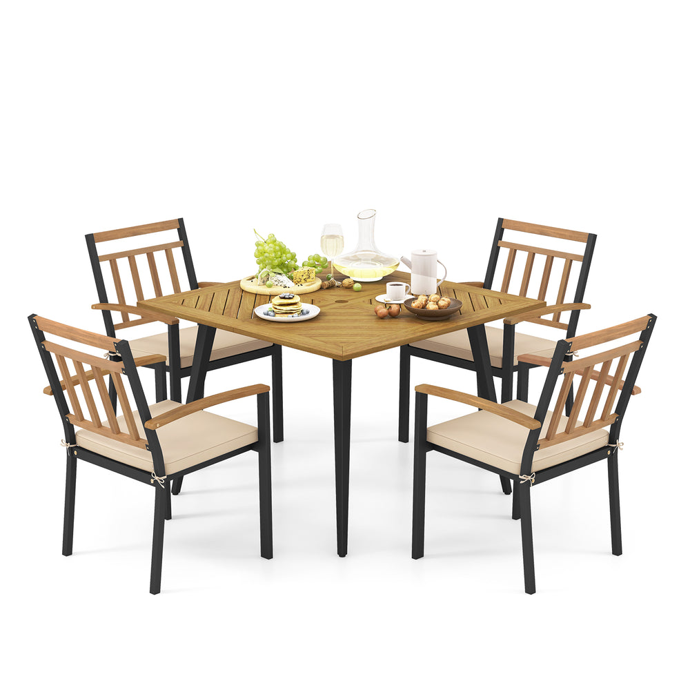 5-piece patio dining set featuring acacia wood table and cushioned chairs, perfect for outdoor dining and relaxation.