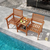 Outdoor patio wood 2-seat conversation set with coffee table, featuring an umbrella hole, perfect for poolside.