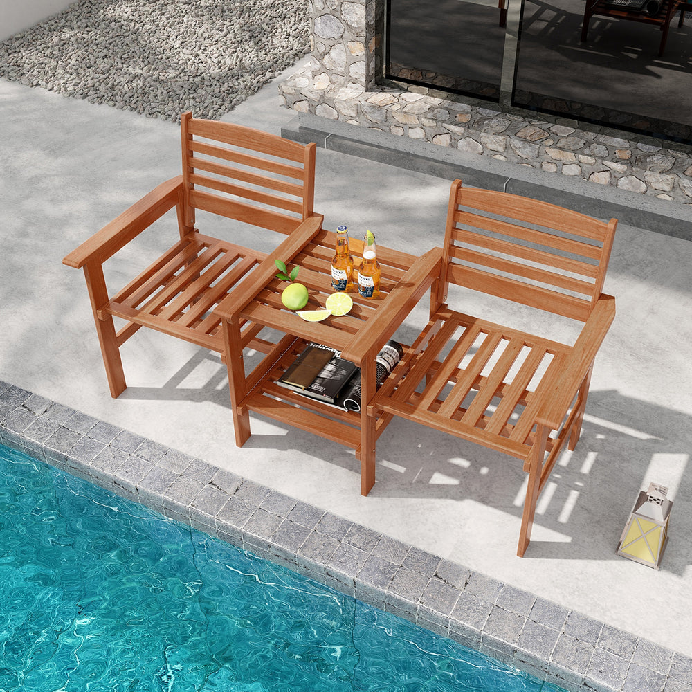 Outdoor patio wood 2-seat conversation set with coffee table, featuring an umbrella hole, perfect for poolside.