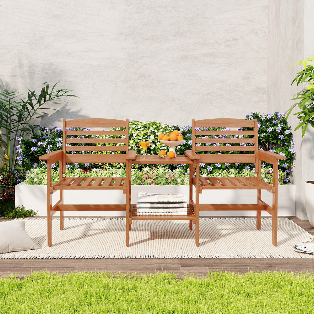 Outdoor patio wood 2-seat conversation set with coffee table, featuring comfy backrests and umbrella hole for backyard.