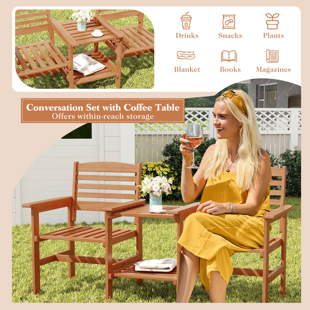 Outdoor patio wood coffee table with double-layer design, providing convenient storage for drinks and snacks in the.