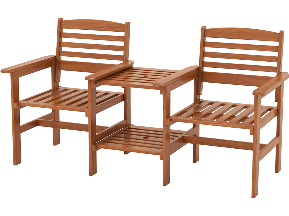 Outdoor Patio Wood 2-Seat Conversation Set with Coffee Table and Umbrella Hole