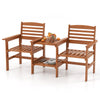 Two-seat outdoor patio wood conversation set with coffee table, featuring comfy backrests and an umbrella hole.