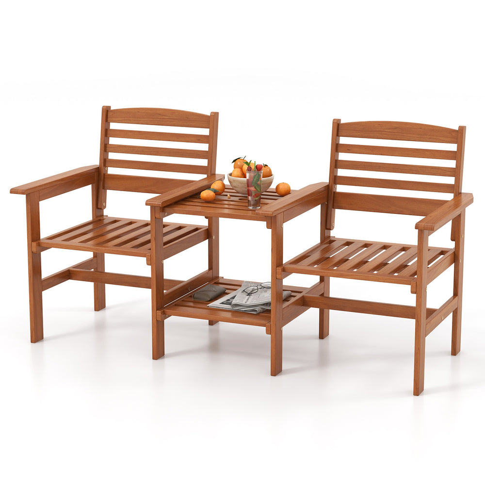 Two-seat outdoor patio wood conversation set with coffee table, featuring comfy backrests and an umbrella hole.