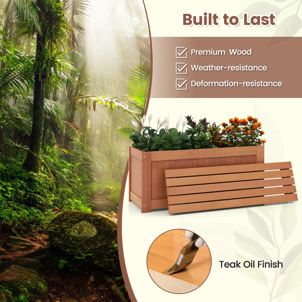 Outdoor plant container with seat in teak oil finish, designed for garden or balcony, promoting drainage and durability.