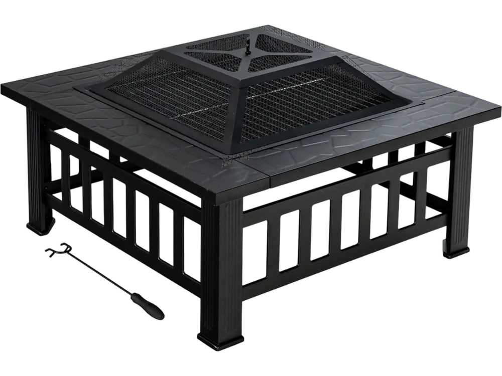 32 Inch 3 in 1 Outdoor Square Fire Pit Table with BBQ Grill and Rain Cover for Camping