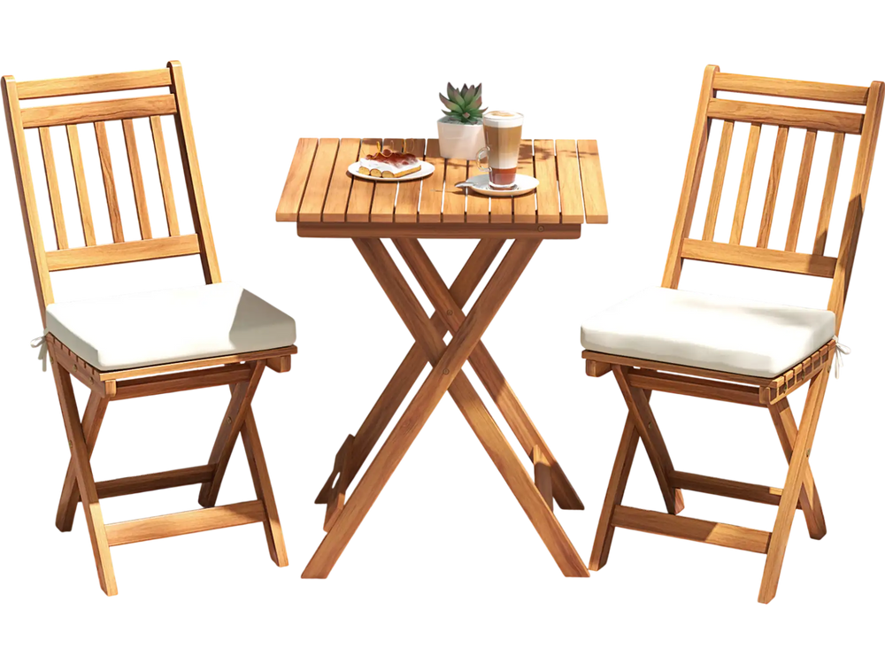 Outdoor wood bistro set featuring acacia frame, soft seat cushions, and a folding table, ideal for balcony or backyard.