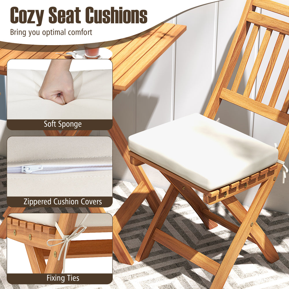 Soft seat cushion with zippered cover on an acacia wood chair, perfect for outdoor bistro set comfort and elegance.