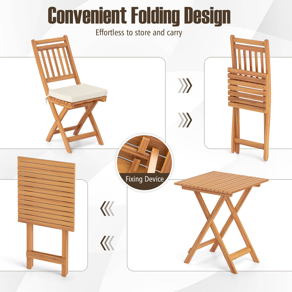 Folding acacia wood chair with soft cushion, showcasing space-saving design for outdoor use in natural wood color.
