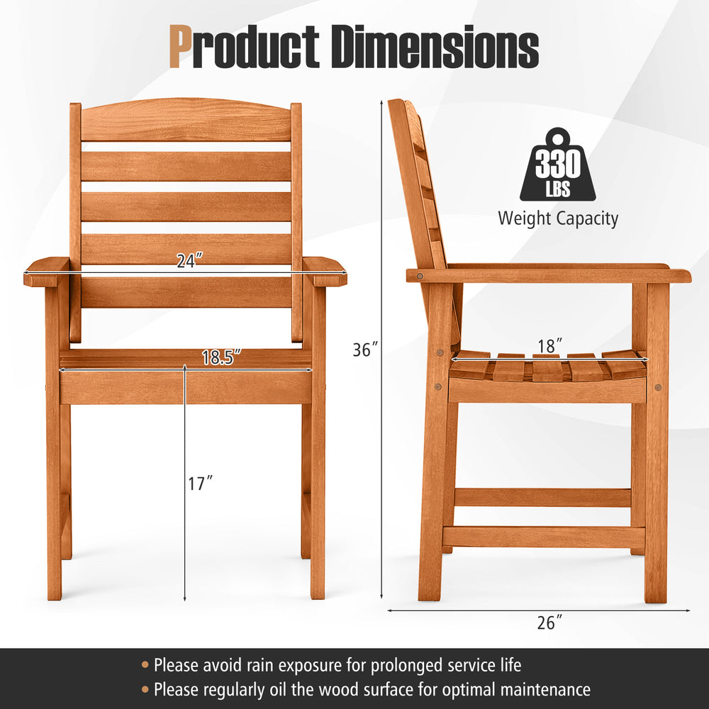 Outdoor wooden dining chair with inclined backrest, slatted seat, and solid wood construction for patio or backyard use.