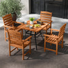 Outdoor wooden dining chairs with inclined backrests and slatted seats, perfect for patio or garden relaxation.