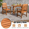 Outdoor wooden dining chairs with inclined backrests and slatted seats, offering ergonomic comfort for patio and garden.