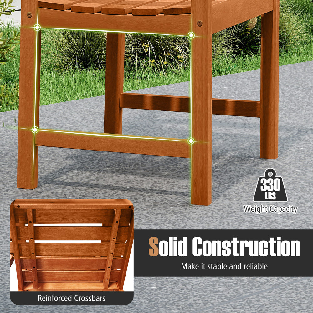 Outdoor wooden dining chair featuring a slatted seat and reinforced crossbars for stability, ideal for patio use.