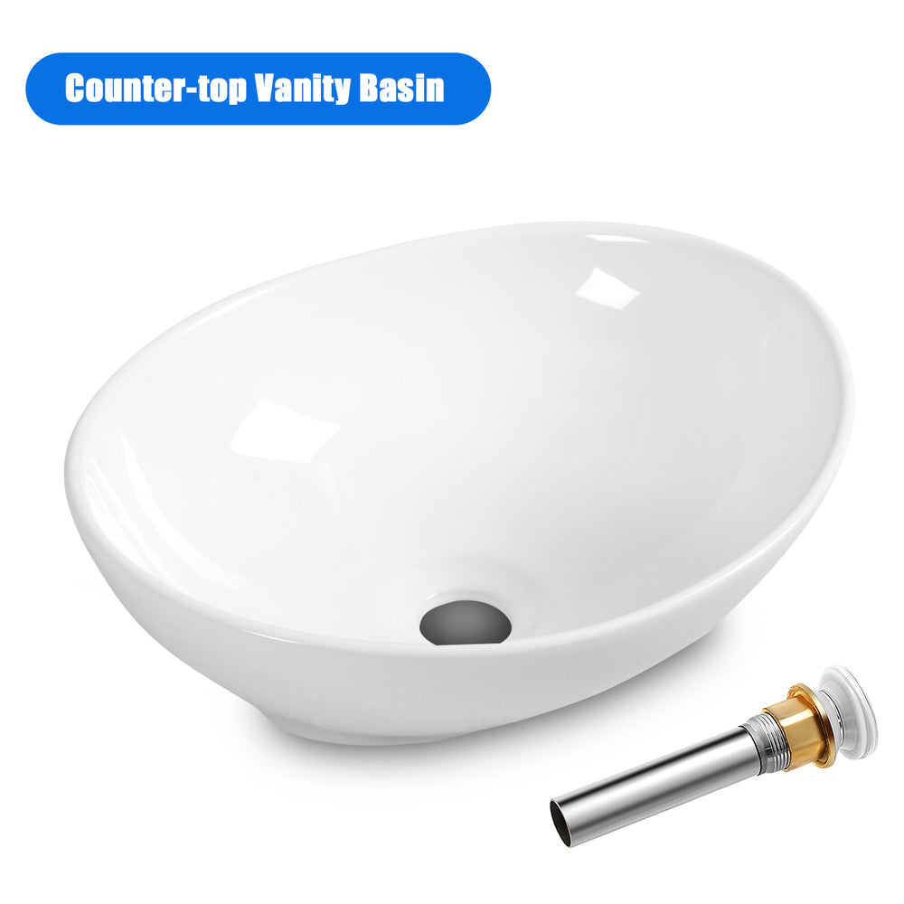 Oval ceramic vessel sink with popup drain design, perfect for bathroom upgrade and aesthetic appeal.