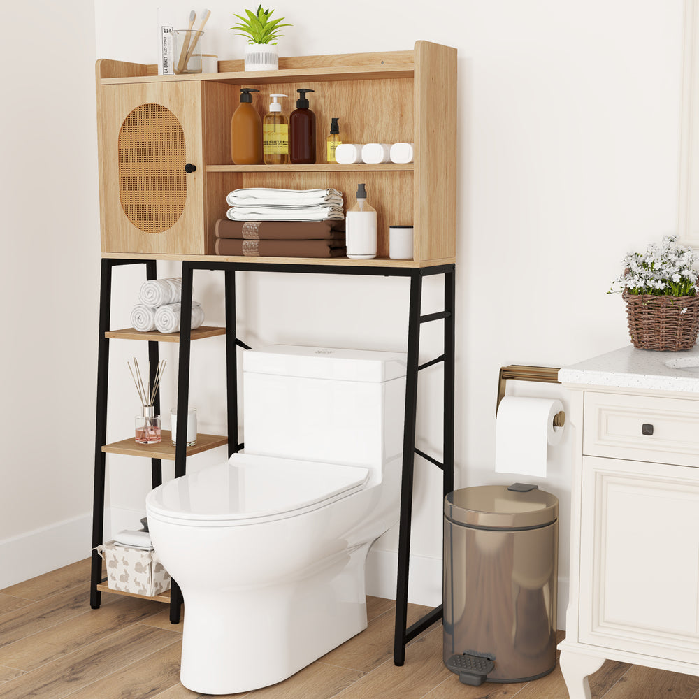 Over the toilet storage cabinet with PE rattan door, featuring adjustable shelves and solid metal stand for.
