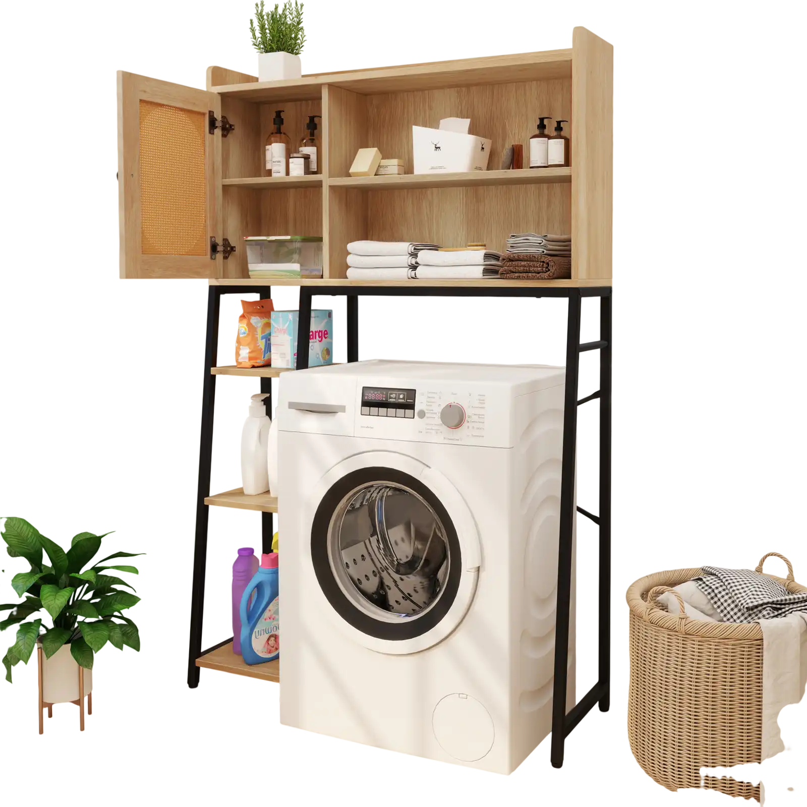 Costway Over Toilet Storage Cabinet PE Rattan Door Open Shelves 571439862 New