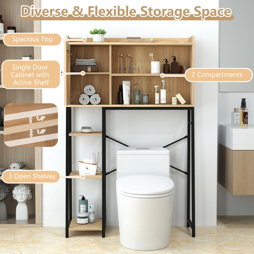 Over the toilet storage cabinet with PE rattan door, featuring 3 open shelves and adjustable compartments for efficient.
