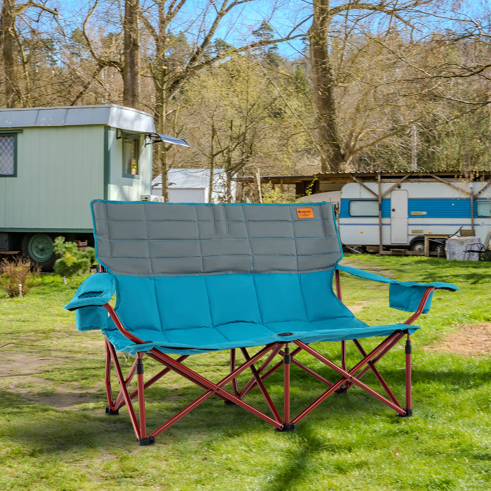 Oversized Camping Chair Folding Loveseat Camping Couch with Cup Holders & Thick Padding-Blue - Gallery View 1 of 11
