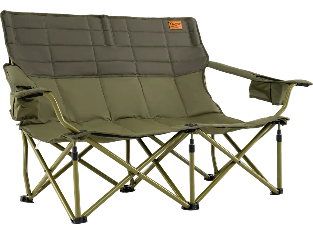 Oversized green camping loveseat chair with thick padding, cup holders, and quick folding design for easy portability.