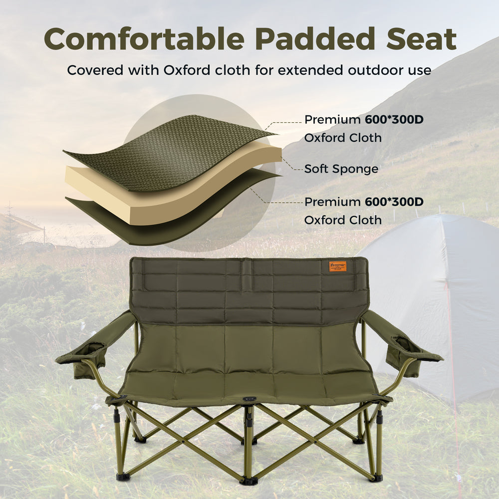 Oversized green camping loveseat with thick padding, dual cup holders, and durable PVC-coated oxford cloth for outdoor.