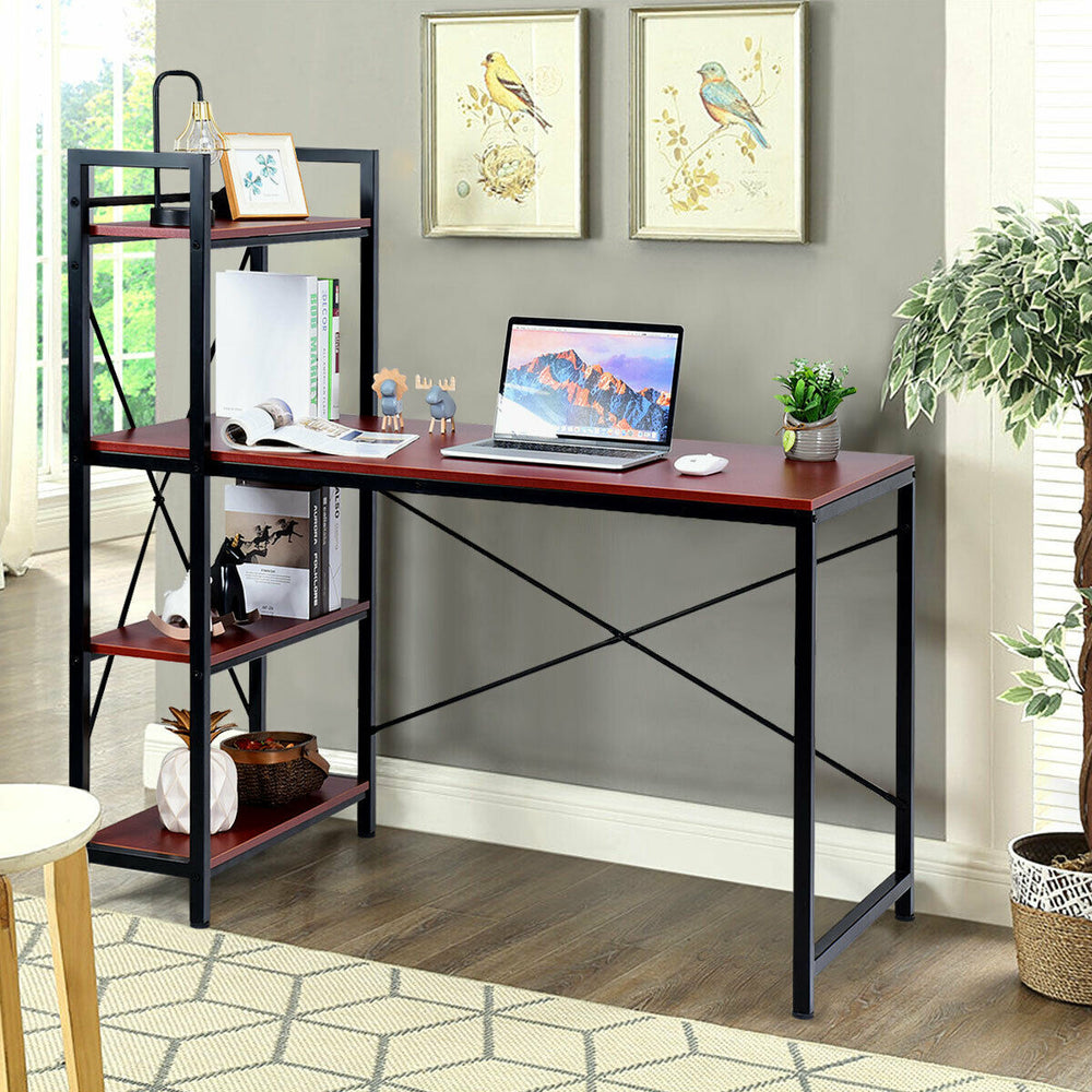 47.5 Inch Writing Study Computer Desk with 4-Tier Shelves-Rustic brown - Gallery View 1 of 11