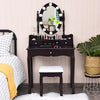 Brown oval mirror vanity set with 10 LED dimmable bulbs, 3 drawers, and soft cushion stool for cosmetics storage.