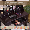 Brown Oval Mirror Vanity Set with 10 LED bulbs, featuring 3 spacious drawers for cosmetics and a comfortable stool.