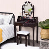 360° rotatable mirror of the brown vanity set with 10 LED bulbs, complemented by stylish crystal handles on the drawers.