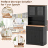 Pantry cabinet in black with glass doors, two removable shelves, and two drawers for stylish kitchen or living room.